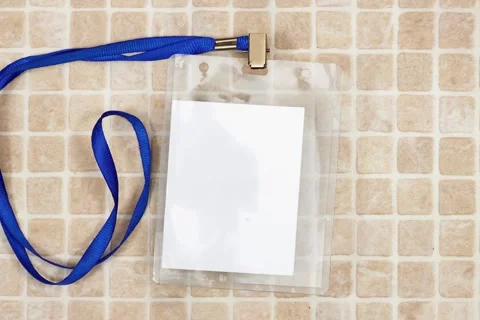 Blank badge mockup. Plain empty name tag mock up on mosaic tiles. Name tag with  Video stock 285137380