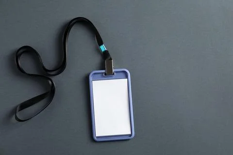Blank badge with string on grey background, top view. Space for text Stock Photos