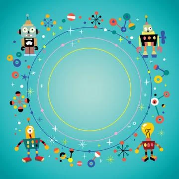 Blank banner round frame border with retro future robot characters Stock Illustration