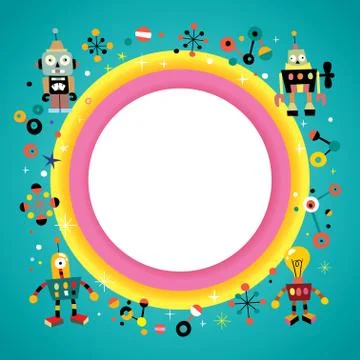 Blank banner round frame border with robots Stock Illustration