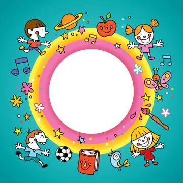 Blank banner round frame border with group of kids Stock Illustration