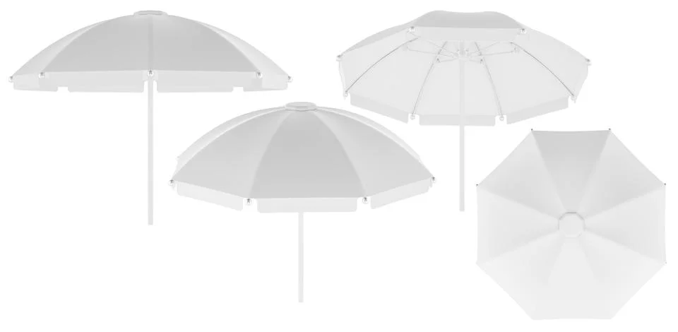 Blank beach umbrella in multiple angles. 3D Rendering Illustration