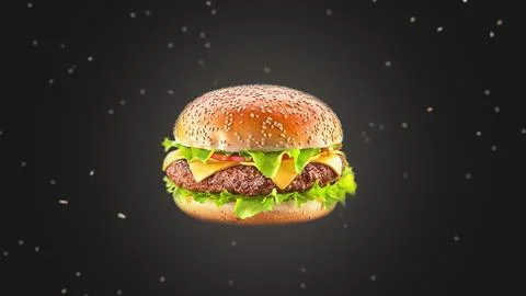 Blank beef hamburger mockup no gravity, black background, depth of field Stock Illustration