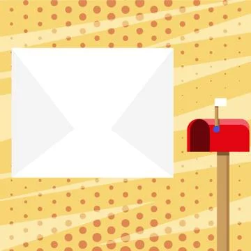 Blank Big White Envelope beside Red Mailbox with Small Flag Up. Open Color Stock Illustration