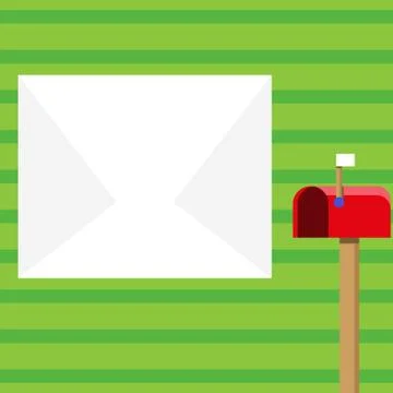 Blank Big White Envelope beside Red Mailbox with Small Flag Up. Open Color Stock Illustration