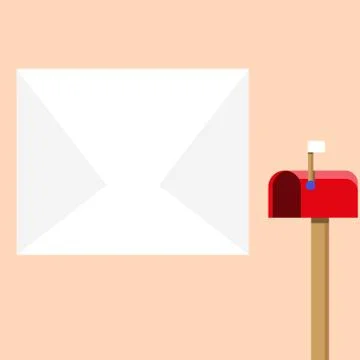 Blank Big White Envelope beside Red Mailbox with Small Flag Up. Open Color Stock Illustration