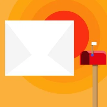 Blank Big White Envelope beside Red Mailbox with Small Flag Up. Open Color Stock Illustration