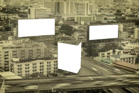Blank billboard for advertisement concept background with top view cityscape. Stock Photos