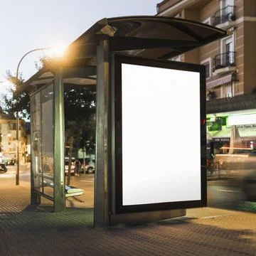Blank billboard bus stop shelter night 2 Resolution and high quality beautiful Stock Photos