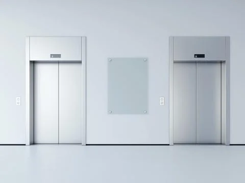 Blank billboard in the hall with two elevators. 3d rendering 스톡 일러스트