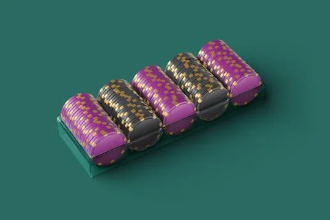 Blank black and violet plastic chip stack in tray mockup Illustrazione stock