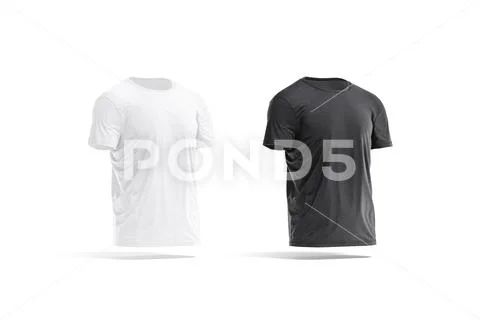 Blank black and white wrinkled t-shirt mockup set, side view ...
