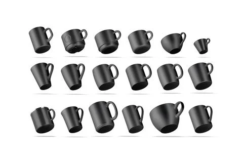 Blank black ceramic mug mock up, different types, no gravity Illustrazione stock