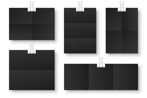 Blank black folded paper sheets with binder clips. Notebook or book page and Stock Illustration