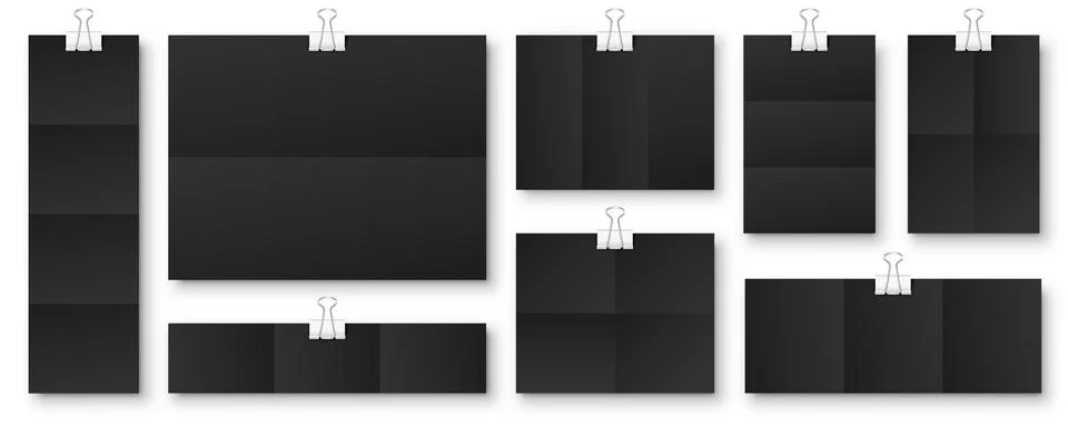 Blank black folded paper sheets with binder clips. Notebook or book page and Illustrazione stock