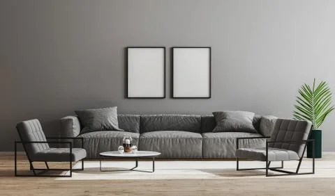 Blank black frames mock up in modern minimalist living room interior  with gr 스톡 일러스트