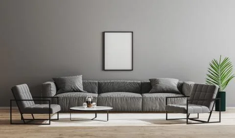 Blank black frames mock up in modern minimalist living room interior  with gr 스톡 일러스트