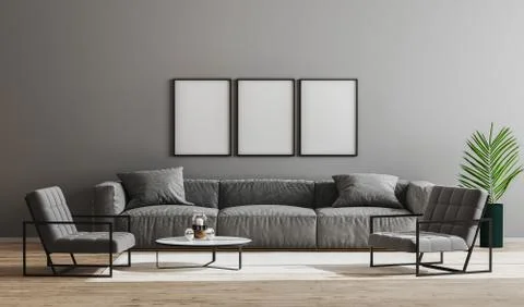 Blank black frames mock up in modern minimalist living room interior  with gr Illustrazione stock