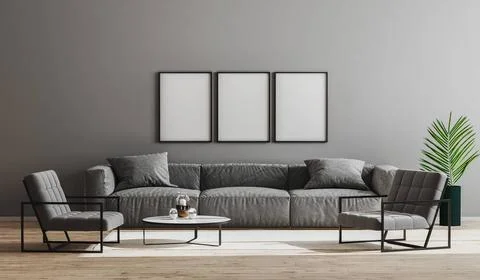 Blank black frames mock up in modern minimalist living room interior with ... Stock Photos