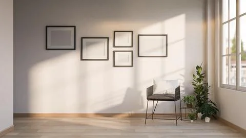 Blank black frames on wall over metal chair and houseplant pot on wooden pa.. Stock Illustration