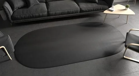 Blank black oval interior carpet in room mockup, side view Stock Illustration