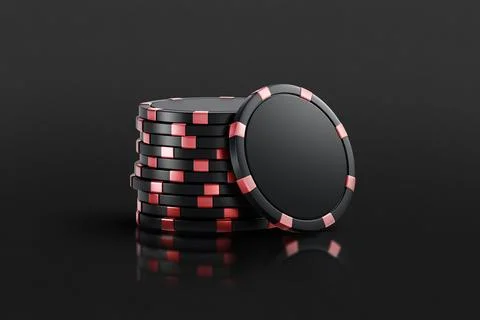 Blank black plastic round chip mockup stand stack, dark background Illustrazione stock