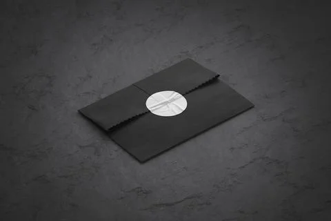 Blank black rectangle paper bag with sticker mockup, stone background Stock Photos