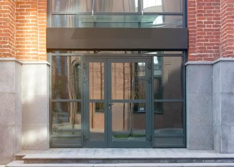 Blank black rectangular box store entrance mockup, glass brick wall Stock Photos