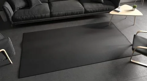 Blank black rectangular interior carpet in room mockup, top side Illustrazione stock