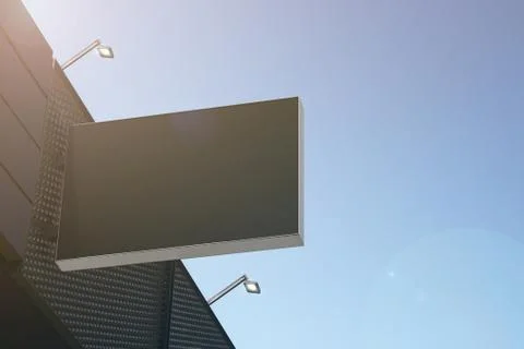 Blank black rectangular outdoor box mockup hanging on mall Stock Photos