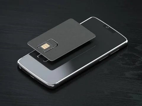 Blank black SIM smart card and mobile phone or smartphone on black table. Moc Stock Illustration