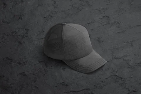 Blank black trucker hat mockup on dark surface background Stock Illustration