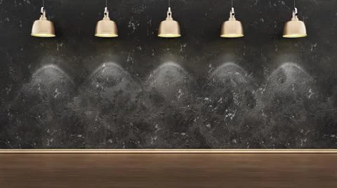 Blank black wall lit by ceiling lamps. 3D illustration Stock Illustration