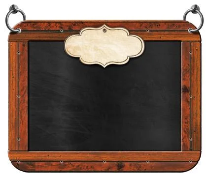 Blank Blackboard with Rectangular Wooden Frame and Empty Label Stock Photos