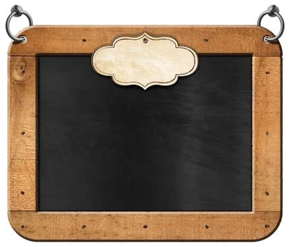 Blank Blackboard with Rectangular Wooden Frame and Empty Label Foto stock