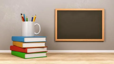 Blank Blackboard with Stack of Books and Stationery Supplies Stock Illustration