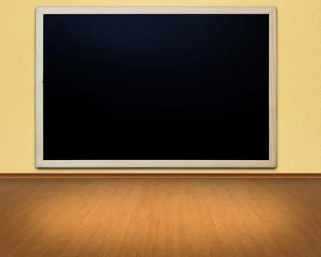Blank blackboard on wall in empty room with wooden floor, copy space template Stock Photos
