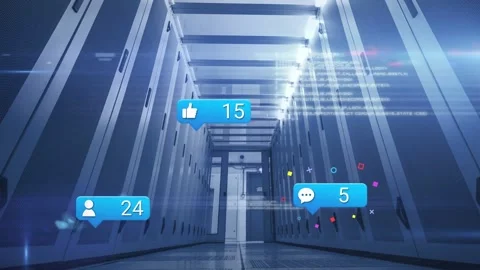 Blank blue bubble appearing in datacenter corridor, notification bubbles Video stock 332577623