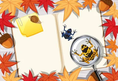 Blank book page on office work table top view with leaves and frog element Stock Illustration