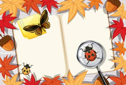 Blank book page on office work table top view with leaves and insects element 스톡 일러스트