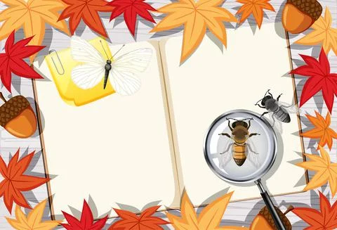 Blank book page on office work table top view with leaves and insects element 스톡 일러스트
