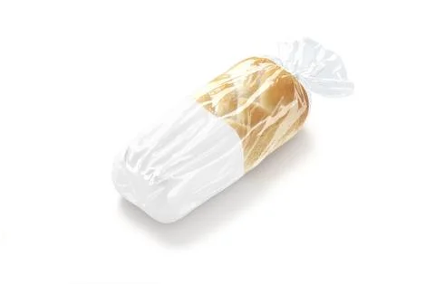 Blank bread in white transparent cellophane pack mockup, side view Foto stock