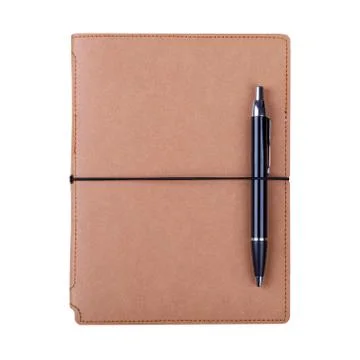 Blank brown note pad with pen Stock Photos