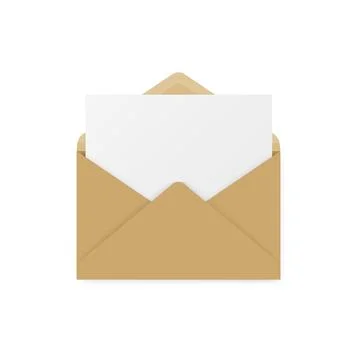 Blank brown paper envelope with empty sheet, realistic open mail mockup isolated Stock Illustration