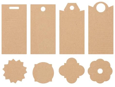 Blank brown rectangular and round paper tag on a white background, template.. Fotos Stock