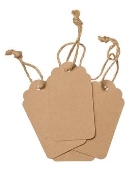 Blank brown rectangular brown paper tag on a rope  on white background, tem.. Stock Photos
