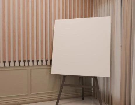 Blank canvas on easel in a light beige room with wooden panels Stock Illustration