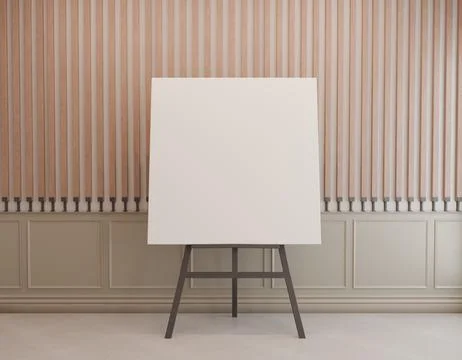 Blank canvas on easel in a light-filled room with light wood paneling and b.. Stock Illustration