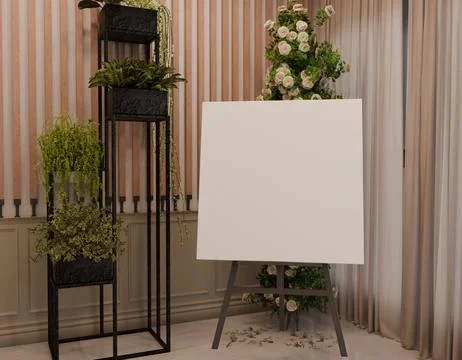 Blank canvas on easel in room with plants and flowers Stock Illustration