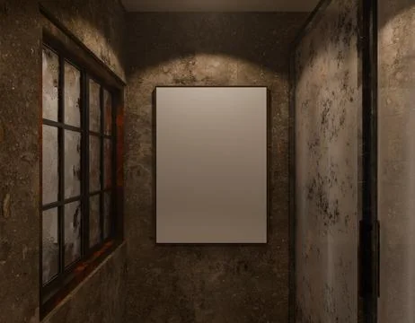 A blank canvas hangs on a textured, dark brown wall Stock-Illustration